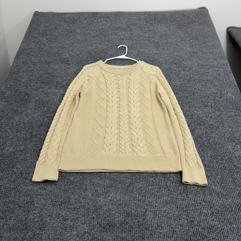 LL Bean Signature Sweater Womens M Beige Cotton Cable Knit Classic Preppy